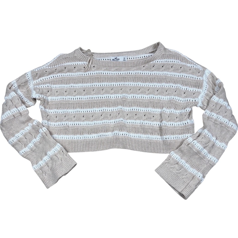Hollister Cropped Sweater Women XS Tan White Striped Cable Knit Coastal Boho